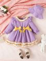 2023 Waffle Lace Flying Sleeves Double Bow Decoration Long Sleeve Double Lace Baby Dress-hat