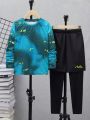 SHEIN Teen Boys' Casual Comfortable Printed Long Sleeve Top And Tight Breathable Patchwork Shorts 2-In-1 Sports Pants