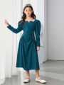 SHEIN Tween Girls' Vintage Fitted Pearl Decor Long Sleeve Elegant Midi Dress