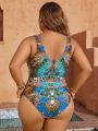 SHEIN Swim Classy Plus Size Peacock Print V-neck One-piece Swimsuit