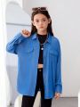 SHEIN Kids HYPEME Tween Girls' Street Style Ice Silk & Denim Look Loose Fit Shirt For Sports