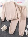 SHEIN Two-piece Set Of Casual Round Neck Textured Sweatshirt And Sweatpants For Older Girls In Autumn