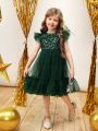 SHEIN Kids CHARMNG Young Girl Sequin Insert Ruffle Trim Mesh Overlay Party Dress