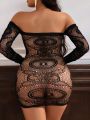 Classic Sexy Plus Size Women's One Shoulder Long Sleeve Sexy Lingerie Mesh Dress (Music Festival)