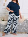 Plus Size Women's Solid Color T-shirt And Graphic Printed Trousers Loungewear Pajama Set