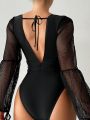 SHEIN Swim Chicsea Women's See-Through Mesh Lantern Sleeve One-Piece Swimsuit