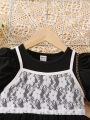 SHEIN Kids FANZEY Young Girl's Lace Camisole Top And Short Puff Sleeve Mesh Dress 2pcs/Set