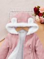 SHEIN Baby Girl Teddy Lined Drawstring Waist 3D Ear Design Hooded Coat