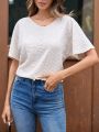 Crochet Panel Back V-Neck Eyelet Embroidery T-Shirt