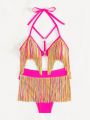 SHEIN Swim Vcay Ladies' Rainbow Tassel Halter Neck Tie Swimsuit Set