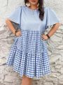 SHEIN CURVE+ Plus Size Striped & Plaid Pattern Bell Sleeve Dress