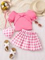 SHEIN Kids CHARMNG Little Girls' Solid Color Bubble Sleeve Top & Plaid A-Line Skirt Set