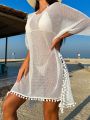 SHEIN Swim BohoFeel 1pc Pom-Pom Color Block Perspective Batwing Sleeve Cover-Up Dress