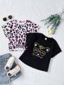 SHEIN Kids QTFun Tween Girls' Round Neck Cartoon Leopard Print Shoulder Off Short Sleeve Knitted Comfortable T-Shirt 2pcs/Set