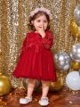 SHEIN Baby Girl 3d Flower & Mesh & Bowknot Decor Long Sleeve Dress