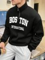 Men's Plus Size Letter Printed Drop Shoulder Half Zip Sweatshirt