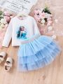 SHEIN Kids CHARMNG Young Girl Cute And Romantic Mesh Skirt And Round Neck Long Sleeve Tee 2-Piece Suit For Spring/Autumn