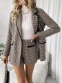 SHEIN Privé Women's Houndstooth Notched Lapel Blazer And Shorts Set