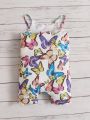 SHEIN Baby Butterfly Print Lettuce Trim Cami Romper