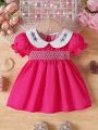 Baby Girl Floral Embroidery Doll Collar Polka Dot Short Bubble Sleeve Dress