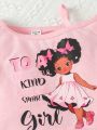 SHEIN Kids QTFun Toddler Girls' Cute Girl Printed Off Shoulder Long Sleeve T-Shirt And Polka Dot Printed Legging Set With Mesh Skirt Overlay