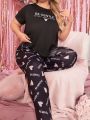 Women's Plus Size Heart & English Letter Printed Home Pajamas Set