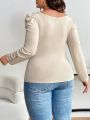 SHEIN Frenchy Plus Size Women'S Square Neck Striped Long Sleeve T-Shirt