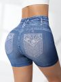 Daily&Casual Women'S Seamless High Stretchy Sports Shorts With Denim Pattern