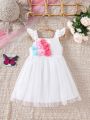 SHEIN Kids SUNSHNE Young Girls' 3d Flower Decorated Splice Mesh Strap Dress