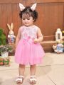 SHEIN Baby Girls' Cute And Fun Printed Mesh Patchwork Sleeveless Dress