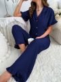 Women'S V-Neckline Short Sleeve Top And Long Pants Sleepwear Set