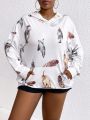 SHEIN Unity Women's Plus Size Feather Printed Kangaroo Pocket Hooded Drop Shoulder Sweatshirt