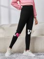 SHEIN Kids Cooltwn Tween Girls' Street Style Knitted Slim Fit Base Leggings For Sports