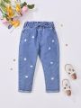 Young Girl Floral Embroidery Paperbag Waist Bow Front Jeans