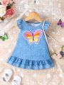 Baby Girl Imitation Denim Digital Print Small Flying Sleeves Butterfly Patch Embroidered Dress Spring And Summer Comfortable And Cute Street Sweet And Fashionable