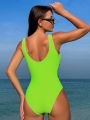 SHEIN Swim SPRTY Women'S Deep V-Neck Color Block One-Piece Swimsuit