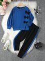 SHEIN Kids EVRYDAY Little Girls' Bowknot Hoodie And Contrast Trim Joggers Set