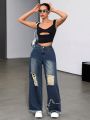 SHEIN ICON Women's Wide Leg Ripped Jeans