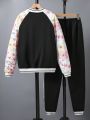 Floral Print Spliced Letter Embellished Jacket And Pants Set