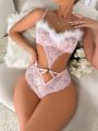 Floral Lace Fuzzy Trim O-ring Cut Out Teddy Bodysuit