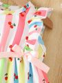 Baby Girls' Rainbow Striped Dress With Cherry Pattern And Flutter Sleeves