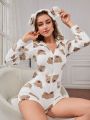 Bear Print 3D Ear Design Hooded Flannel Sleep Romper