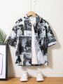 SHEIN Kids Cooltwn Tween Boys' Casual Cool Street-Style Surfing Print Camp Collar Loose-Woven Short Sleeve Shirt