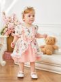 New Summer Baby Girls' Floral Patchwork Mesh Dress With Bowknot & Lace Detail