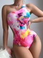 SHEIN Swim BAE Women's Tie-dye One Piece Swimsuit With Random Print