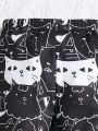 SHEIN Kids QTFun Little Girls' Cartoon Cat Printed Long Pants