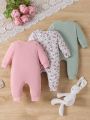 Baby Girls' Spring And Autumn Rabbit & Floral Print Long Sleeve Jumpsuit Set, Multi-Piece