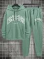 Extended Sizes Men's Letter Printed Hooded Sweatshirt And Sweatpants Set With Drawstring
