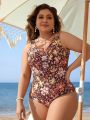 SHEIN Swim Classy Women's Plus Size One Piece Swimsuit With Floral Print And Wide Deep V Neckline