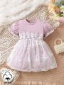 Baby Girl Puff Sleeve Lace Spliced Dress Style Jumpsuit